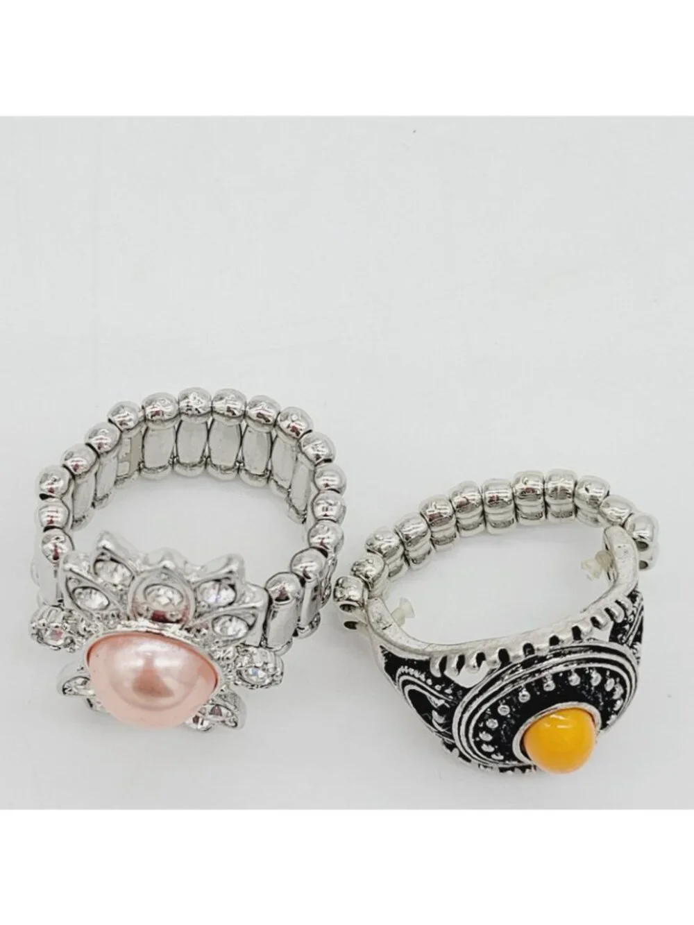 Lot Of 2 Stretch Rings New Without Tags Silver Tone Faux Pearl & Orange Cabochon